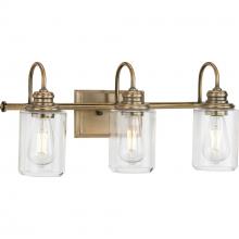  P300322-163 - Aiken Collection Three-Light Clear Glass Vintage Style Brass Farmhouse Style Bath Vanity Wall Light