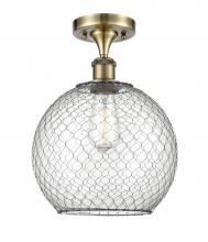  516-1C-AB-G122-10CBK-LED - Farmhouse Chicken Wire - 1 Light - 10 inch - Antique Brass - Semi-Flush Mount