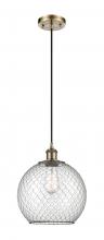  516-1P-AB-G122-10CBK-LED - Farmhouse Chicken Wire - 1 Light - 10 inch - Antique Brass - Cord hung - Mini Pendant