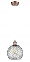  516-1P-AC-G122-8CBK-LED - Farmhouse Chicken Wire - 1 Light - 8 inch - Antique Copper - Cord hung - Mini Pendant