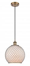  516-1P-BB-G121-10CBK-LED - Farmhouse Chicken Wire - 1 Light - 10 inch - Brushed Brass - Cord hung - Mini Pendant