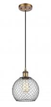  516-1P-BB-G122-8CBK-LED - Farmhouse Chicken Wire - 1 Light - 8 inch - Brushed Brass - Cord hung - Mini Pendant