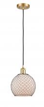  516-1P-SG-G121-8CBK-LED - Farmhouse Chicken Wire - 1 Light - 8 inch - Satin Gold - Cord hung - Mini Pendant