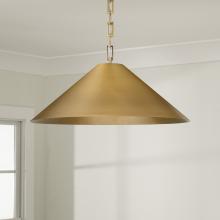  356711AD - 1-Light Metal Cone Pendant in Aged Brass with Painted Brass Interior and Rectangular Designer Chain